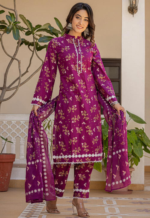Foil Printed Pure Cotton Pakistani Suit in Magenta