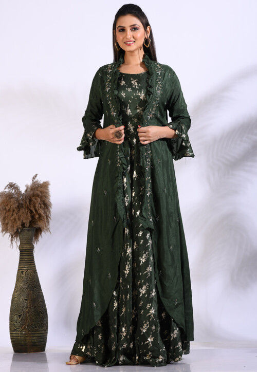 Foil Printed Pure Silk Gown in Dark Green