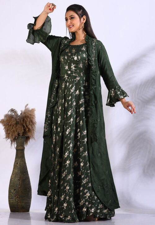 Foil Printed Pure Silk Gown in Dark Green