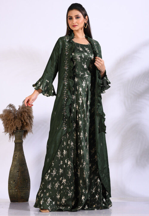 Foil Printed Pure Silk Gown in Dark Green
