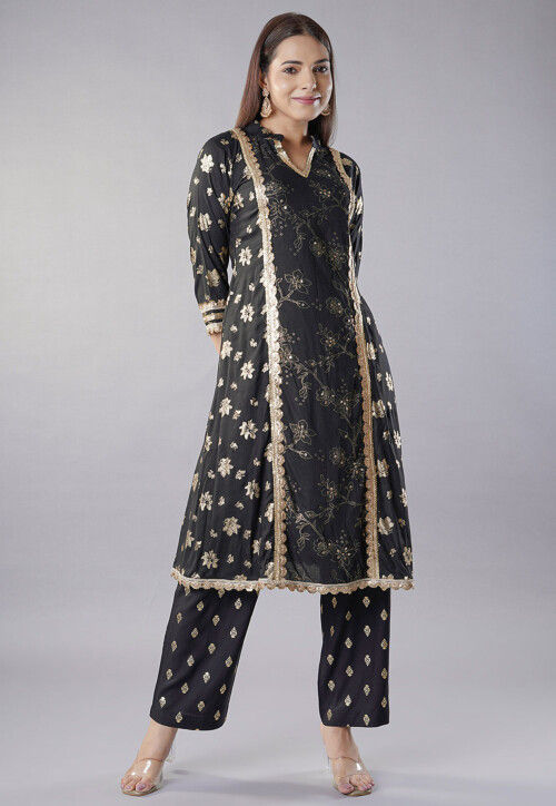 Foil Printed Rayon A Line Kurta in Black