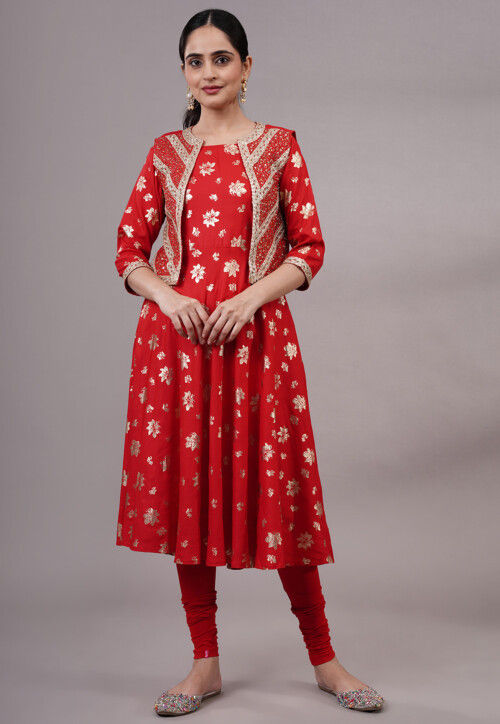 Foil Printed Rayon A Line Kurta Set in Red