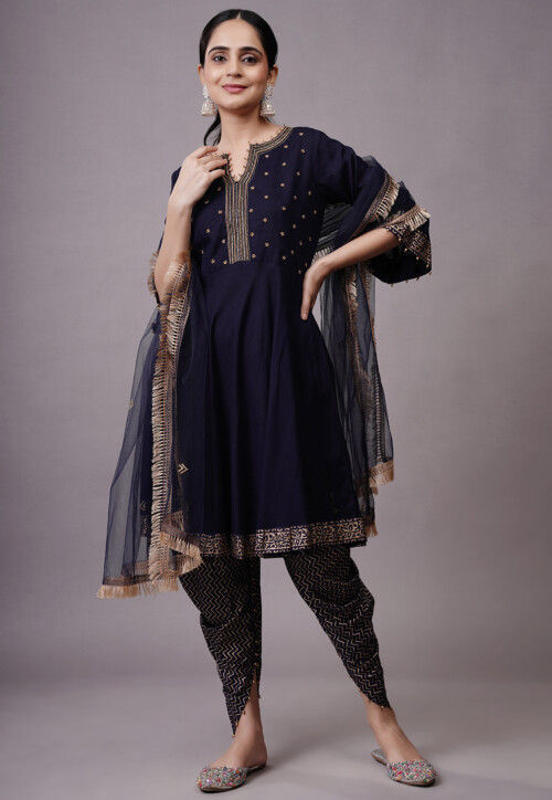 Foil Printed Rayon Aline Suit in Navy Blue