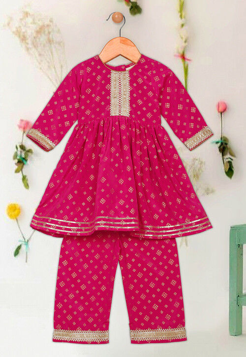 Foil Printed Rayon Kurta Set in Magenta