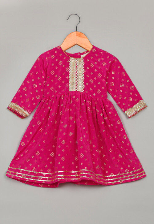 Foil Printed Rayon Kurta Set in Magenta