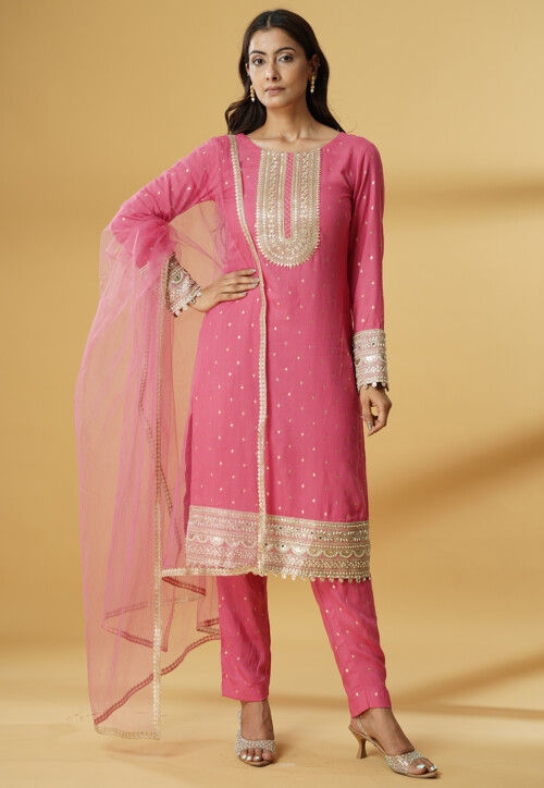 Foil Printed Rayon Pakistani Suit in Light Pink