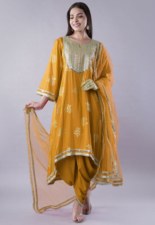 Foil Printed Rayon Pakistani Suit in Mustard