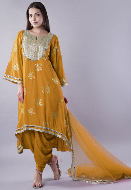 Foil Printed Rayon Pakistani Suit in Mustard