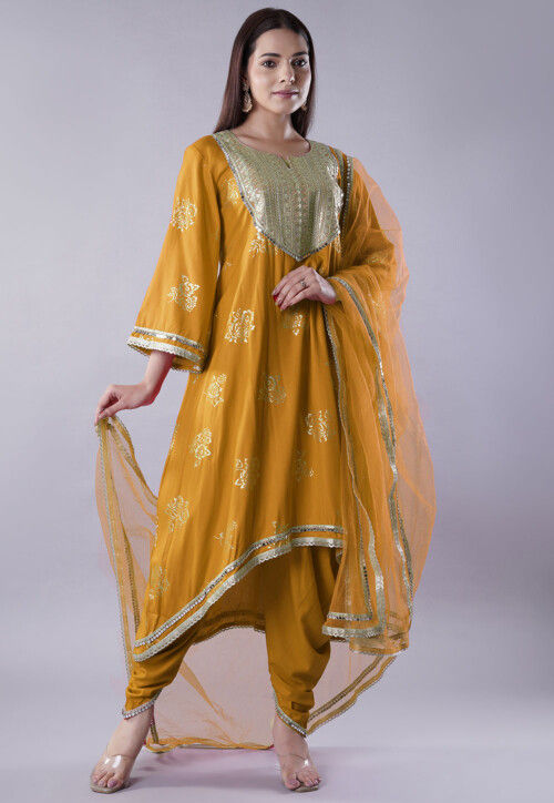 Foil Printed Rayon Pakistani Suit in Mustard
