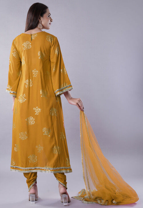 Foil Printed Rayon Pakistani Suit in Mustard