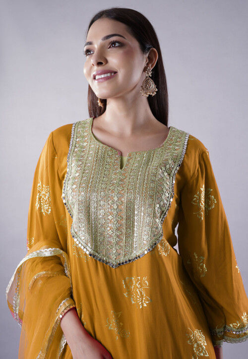 Foil Printed Rayon Pakistani Suit in Mustard