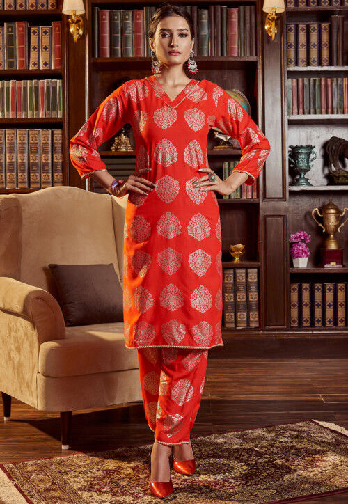 Foil Printed Rayon Pakistani Suit in Red