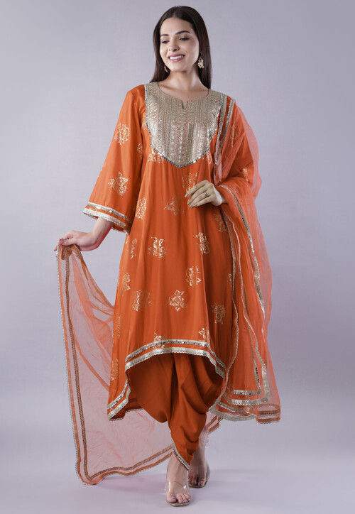 Foil Printed Rayon Pakistani Suit in Rust