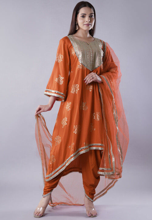Foil Printed Rayon Pakistani Suit in Rust