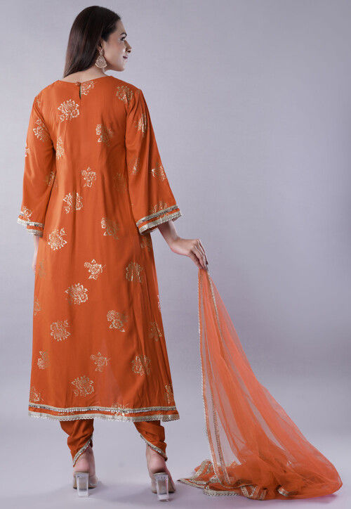 Foil Printed Rayon Pakistani Suit in Rust