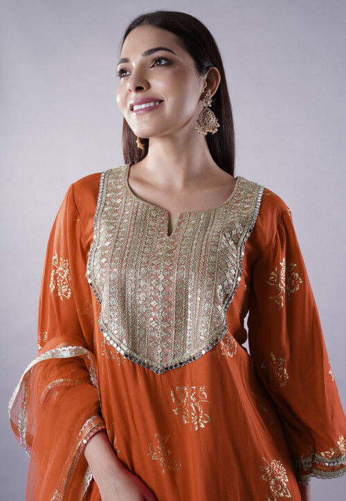 Foil Printed Rayon Pakistani Suit in Rust