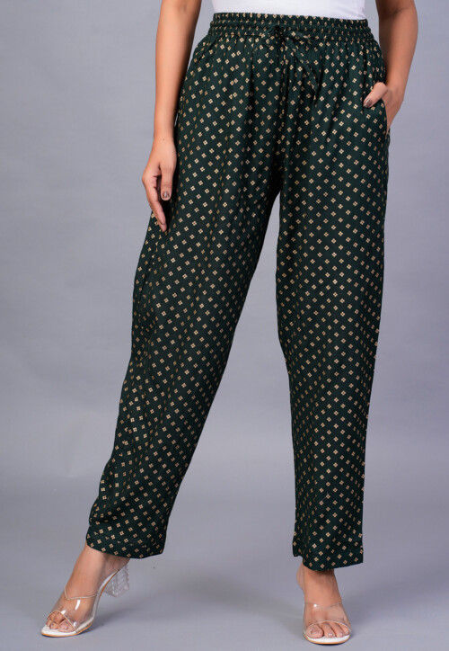 Foil Printed Rayon Pant in Dark Green