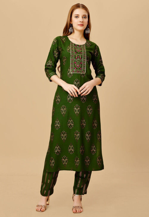 Foil Printed Rayon Straight Kurta Set in Green