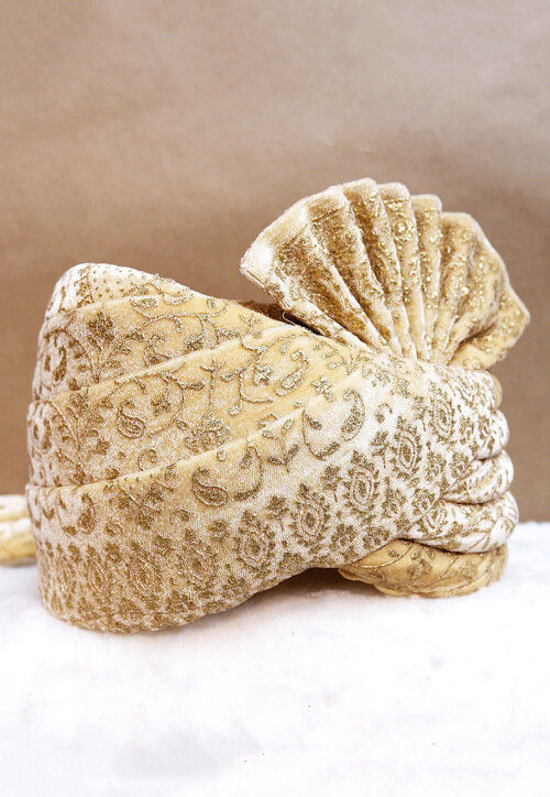Foil Printed Velvet Turban in Beige