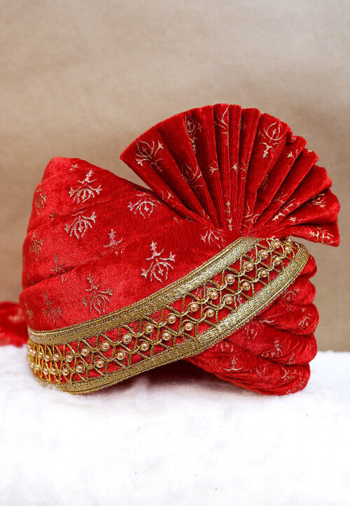 Foil Printed Velvet Turban in Red