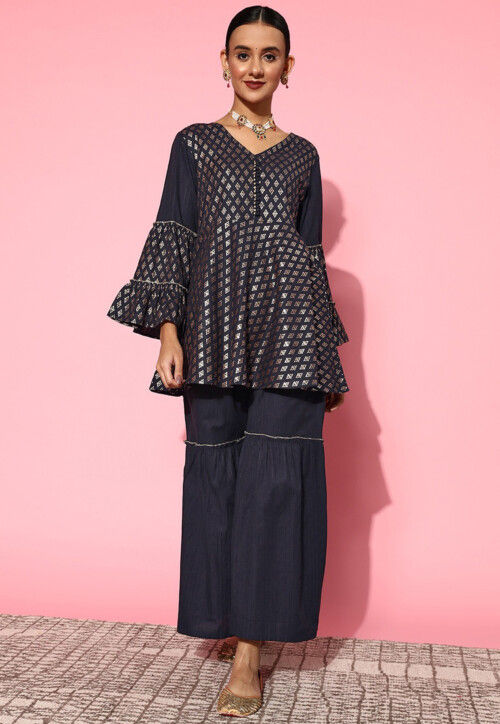 Foil Printed Viscose Rayon A Line Kurti Set in Navy Blue