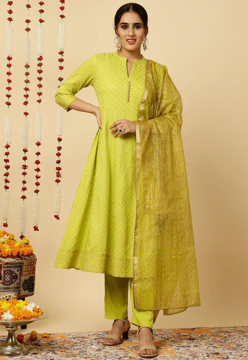 Foil Printed Viscose Rayon Anarkali Suit in Light Green