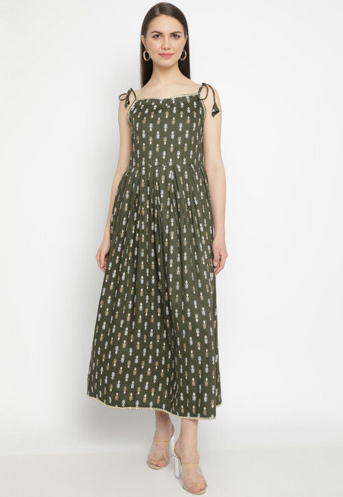 Foil Printed Viscose Rayon Flared Dress in Olive Green