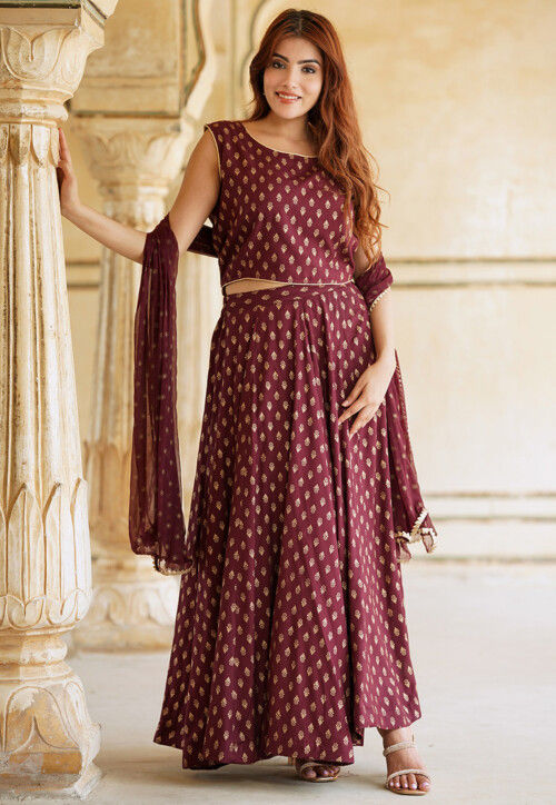 Foil Printed Viscose Rayon Lehenga in Maroon
