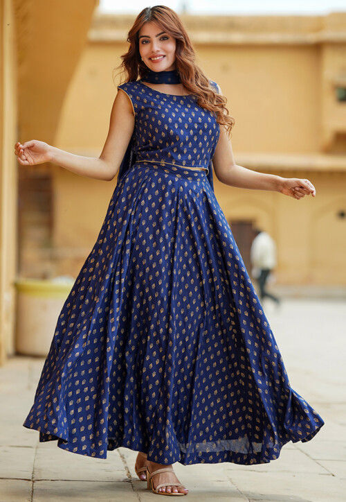 Foil Printed Viscose Rayon Lehenga in Navy Blue