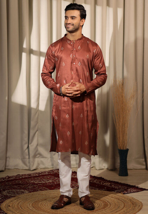 Foil Printed Viscose Silk Kurta Set in Rust