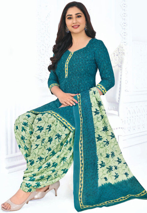 Foliage Printed Cotton Punjabi Suit in Teal Blue