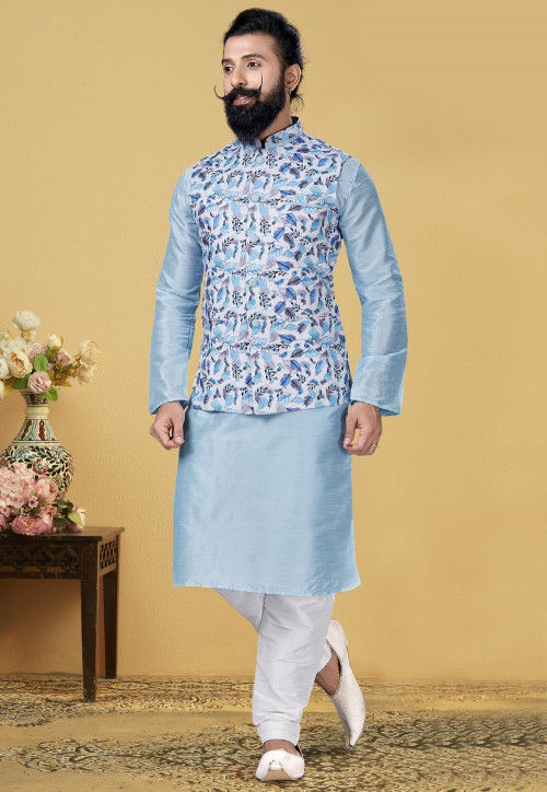 Buy Manu Men Navy Blue Self Design Kurta With Churidar & Nehru Jacket -  Kurta Sets for Men 7251330 | Myntra
