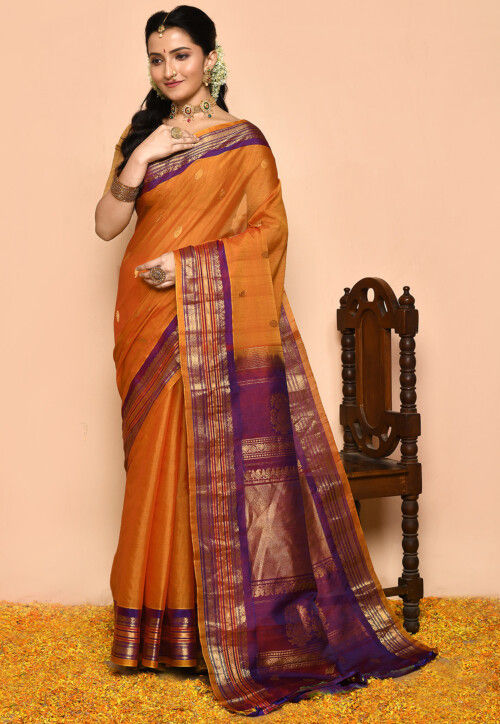 Gadwal Pure Silk Cotton Handloom Saree in Orange