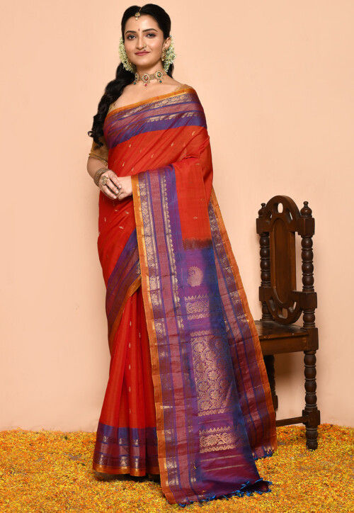 Gadwal Pure Silk Cotton Handloom Saree in Orange