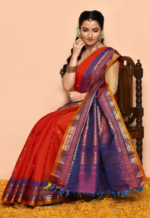 Gadwal Pure Silk Cotton Handloom Saree in Orange