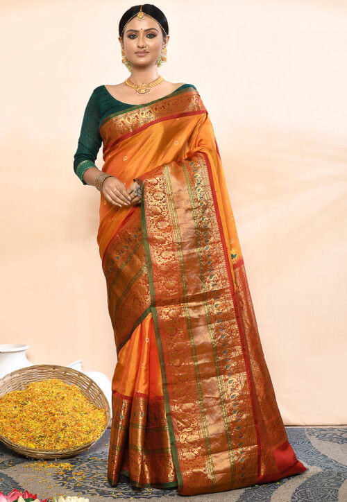 Shop Orange Handloom Raw Silk Zari Woven Work Saree Festive Wear Online at  Best Price | Cbazaar
