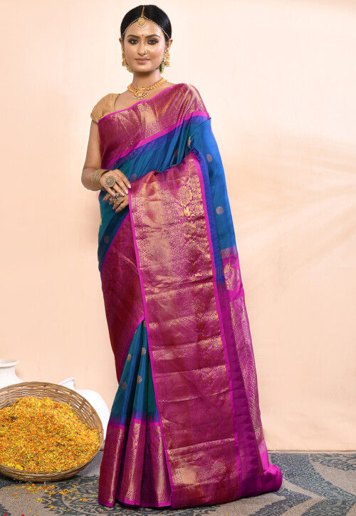 Gadwal Pure Silk Handloom Saree in Teal Blue