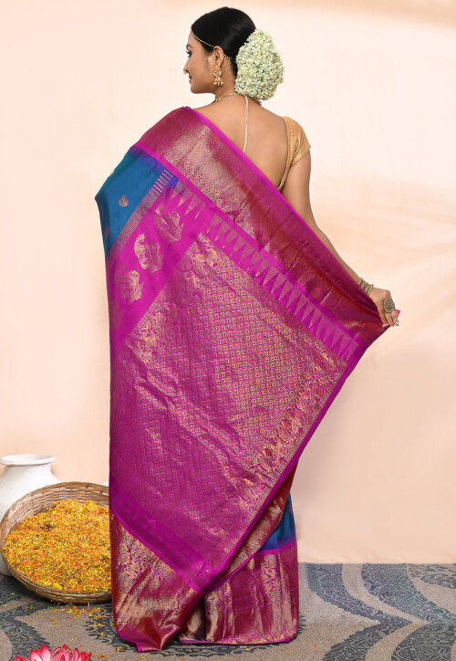 Gadwal Pure Silk Handloom Saree in Teal Blue