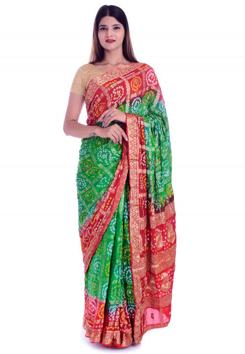 Green And Red Patola Printed Dola Silk Foil Work Saree – tapee.in