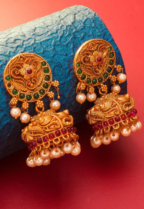 Golden Polished Kemp Stone Studded Jhumka Style Earrings