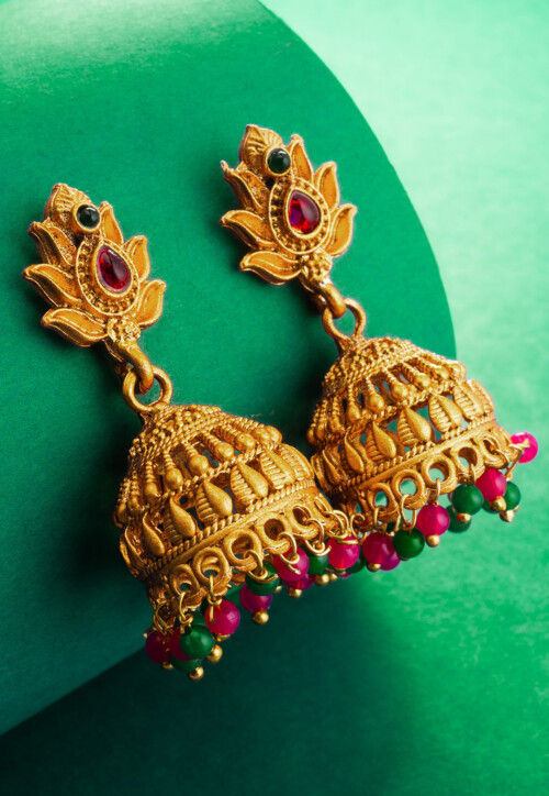 Golden Polished Kemp Stone Studded Jhumka Style Earrings