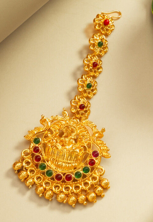 Golden Polished Kemp Stone Studded Maang Tikka
