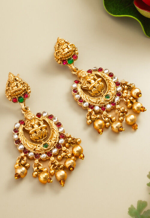 Golden Polished Kemp Stone Studded Temple Earrings