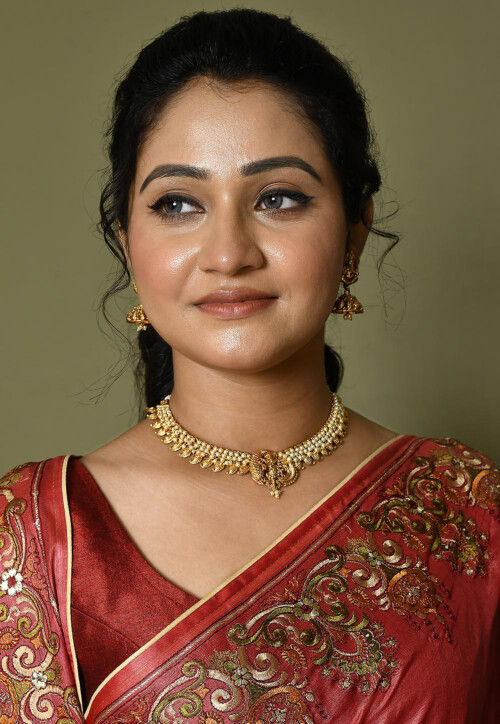 Buy Golden Polished Pearl Temple Choker Necklace Set Online