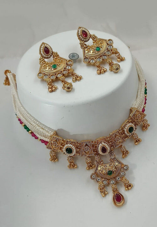 Golden Polished Stone Studded Choker Necklace Set