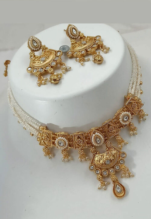 Blue & Golden Stone Studded Choker Necklace Set - 6278 main image 1