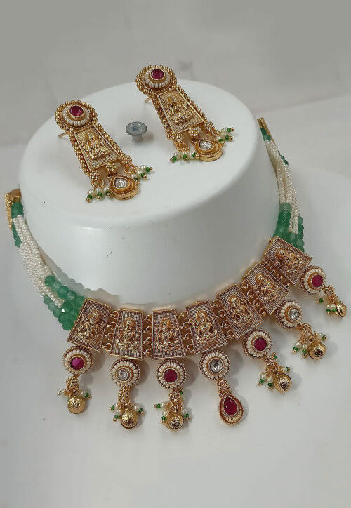 Golden Polished Stone Studded Choker Necklace Set