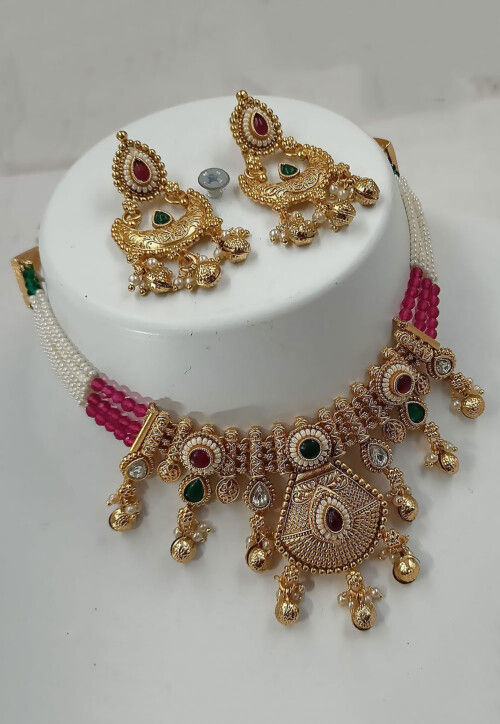 Golden Polished Stone Studded Choker Necklace Set