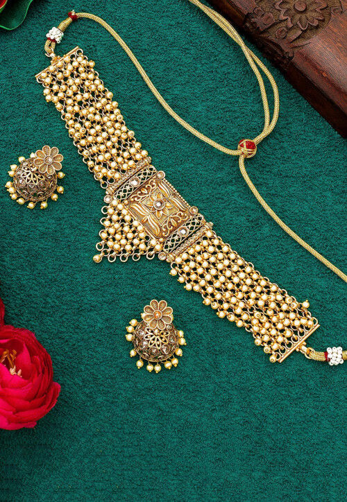 Golden Polished Stone Studded Choker Necklace Set