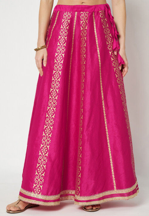 Golden Printed Art Dupion Silk Skirt in Fuchsia